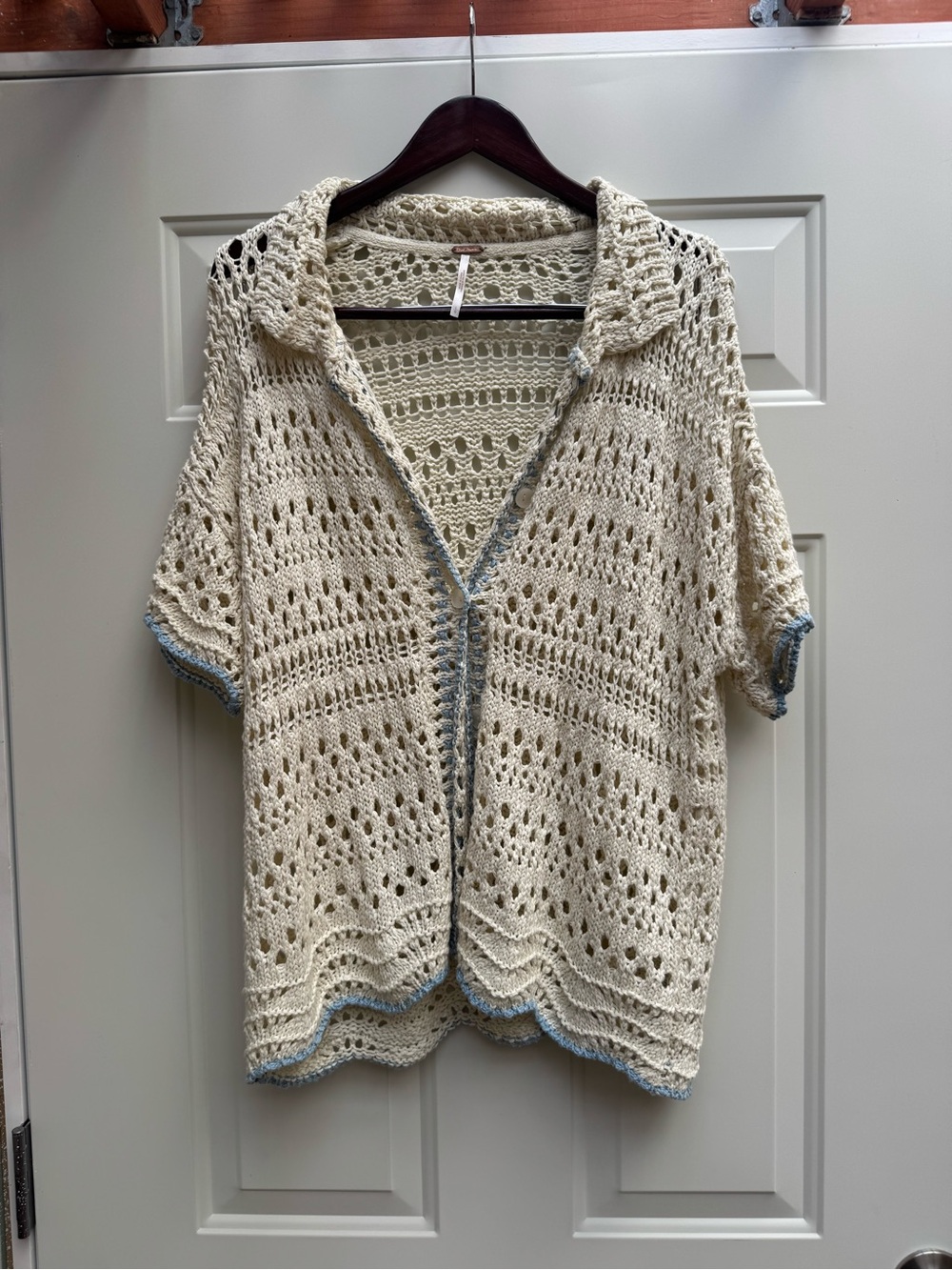 Free People Cream Crochet Knit Short-Sleeve Cardigan Sweater